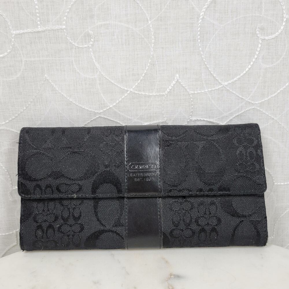 Coach‎ Monogram Tri-fold Checkbook Wallet 7.5" Black on Black Snap Closure